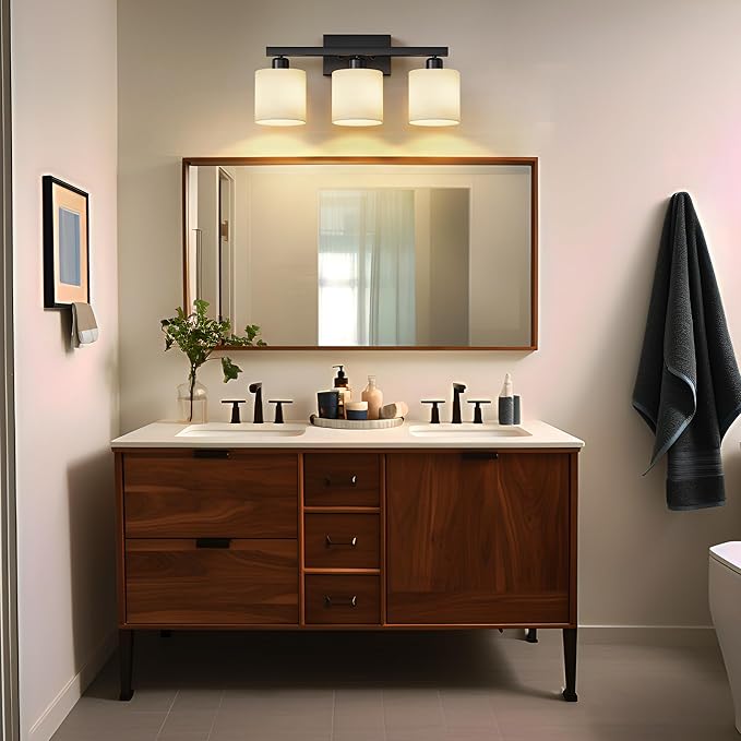 PARTPHONER Bathroom Light Fixtures, Bathroom Lighting Fixtures Over Mirror, Interior Classic Vanity Lights, Modern Vanity Light with Textured White Glass Shade, Matte Black, 3-Light