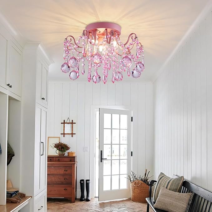 Rain Drop Crystal Small Crystal Chandelier Ceiling Light 3-Light Fixture Modern Chrome Iron Material Suitable for Bedrooms, Hallways, Walk-in Closets, Entryways, Stairwells (Pink)