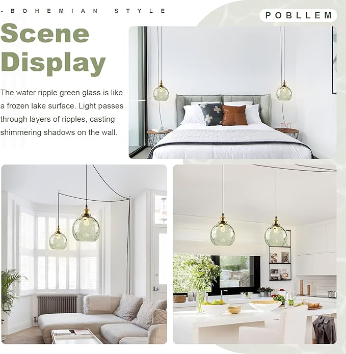 2 Pack Plug in Pendant Light Fixtures, Green Glass Pendant Lights Vintage Hanging Lamps with Hammered Glass Globe, Mid Century Brass Hanging Lights with Plug in Cord for Kitchen Bedroom