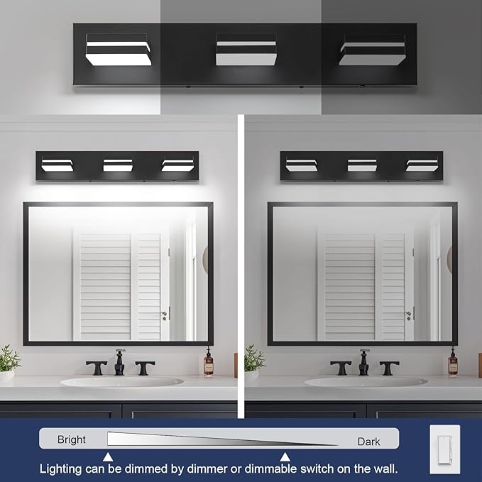 Bathroom Vanity Lighting Fixtures Over Mirror (3-Light, 24-Inch) Dimmable Modern LED Bathroom Wall Lighting Fixtures, Matte Black (3000K/3500K/4000K/5000K/6000K)