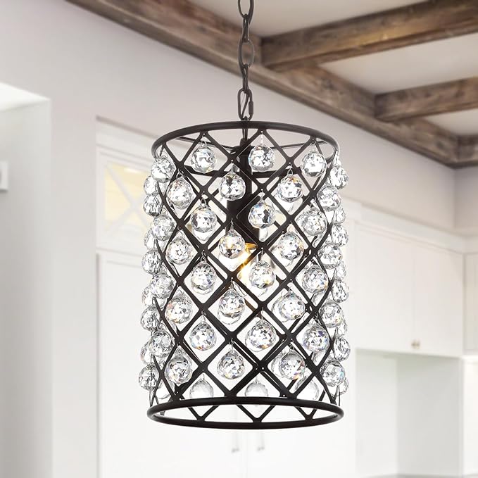 JONATHAN Y 10" Oil Rubbed Bronze Crystal LED Pendant Light, Adjustable Metal Chandelier for Kitchen Island, Entryway, Foyer, Clear Hand-Polished Crystal Shade, LED Bulb JYL9025A