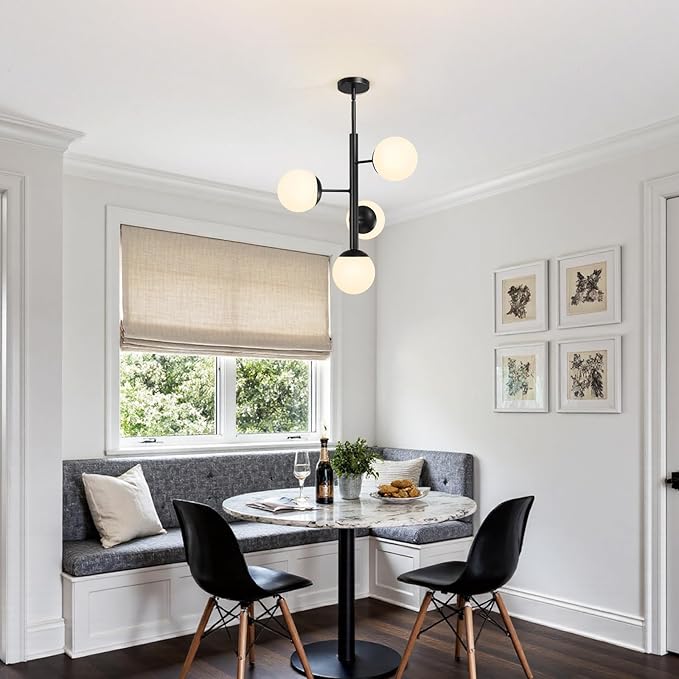 Modern Sputnik Chandelier Ceiling Light Fixture, 4-Light Semi Flush Mount Black Matte Chandelier with Globe Milky Frosted Glass Shade Adjustable Dining Room Sputnik Ceiling Light for Kitchen, Hallway