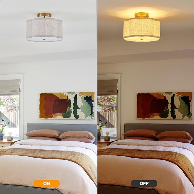 12.89" Semi Flush Mount Ceiling Light Modern 3-Lights Gold Drum Ceiling Light Fixture with Fabric Linen Shade, Vintage Modern Ceiling Lighting for Laundry Room, Kitchen, Basement, Bedroom