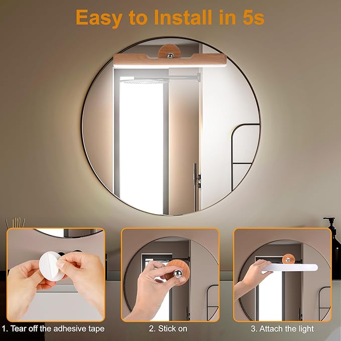 Benreom Vanity Light for Mirror with 4000mAh Rechargeable Battery, Touch Control Dimmable Makeup Light with 3 Color Modes, Magnetic 360° Adjustable LED Bathroom Mirror Light, Light Wood