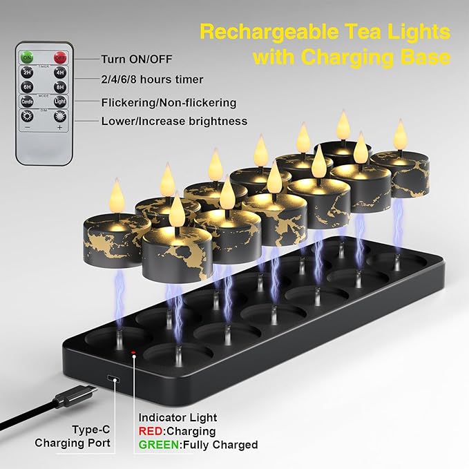 Flameless Tea Lights Candles with Charging Station,Black Marble Pattern,LED Tea Lights Candles with Remote Control Timer for Valentine's Day,Centerpiece Table Decorations,Anniversary,Home Decor,12Pack