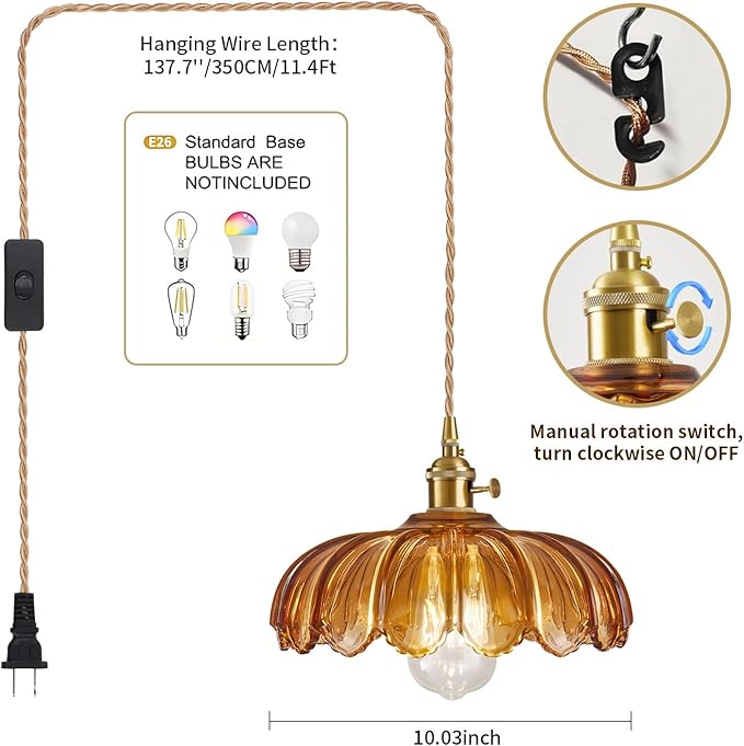Plug in Pendant Light, Hanging Lights with Plug in Cord, Hanging Light Fixture with Amber Color Glass, E26 Pendant Lighting for Kitchen Island, Bedroom, Dining Room-Browm