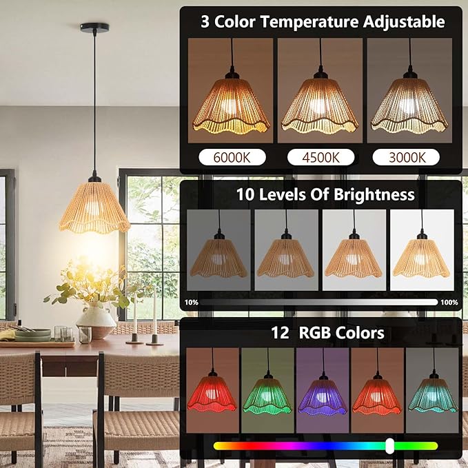 Boho Battery Operated Pendant Lights,Rechargeable Pendant Light with Remote,Rattan Pendant Light Fixtures for Kitchen Island,Boho Hanging Lights for Dining Room Bedroom Hallway Entryway(2 Pack)