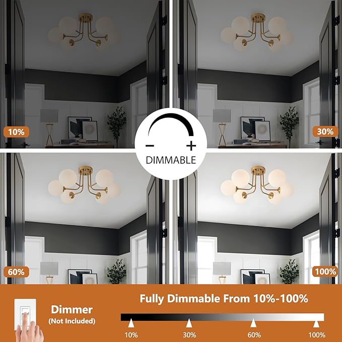 Modern Semi Flush Mount Ceiling Light 6-Light,Globe White Glass Shade Semi Flush Mount Ceiling Light Sputnik Chandeliers for Bedroom Living Room Hallway Dining Room Lighting Fixture