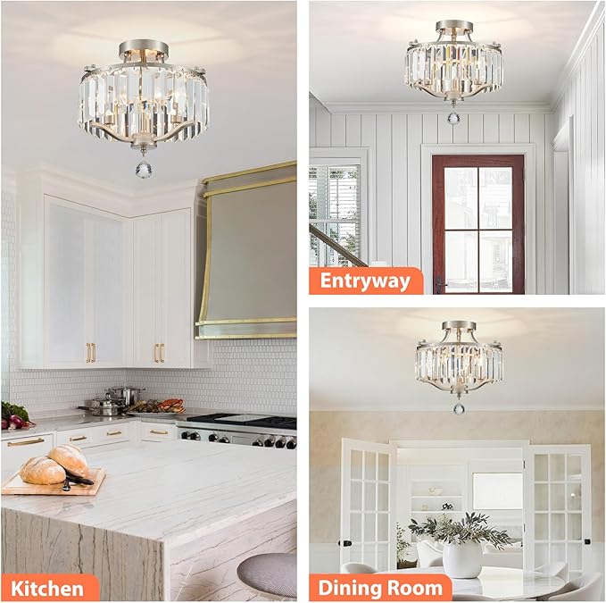 12.2'' Modern Brushed Nickel Crystal Ceiling Light Fixture Farmhouse 3-Light Semi Flush Mount Drum Chandelier for Dining Room, Bedroom, Kitchen, Hallway, Entryway, Foyer, E12 - MJ055BN