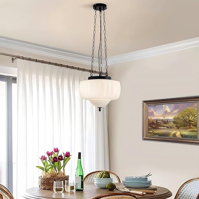 LIGHTLAND Milk Glass Pendant Light, 13 Inch Mid Century Semi Flush Mount Ceiling Light Fixture with 39.4 Inch Adjustable Chain, Vintage Chandelier for Bedroom, Living Room, Dining Room, Hallway