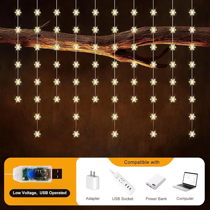 Snowflake Curtain Lights, Warm White Window Lights 70 Snowflakes Hanging Light with Remote Fairy Led Twinkle String Lights Home Bedroom Wall Décor for Christmas, Wedding, Party, Birthday