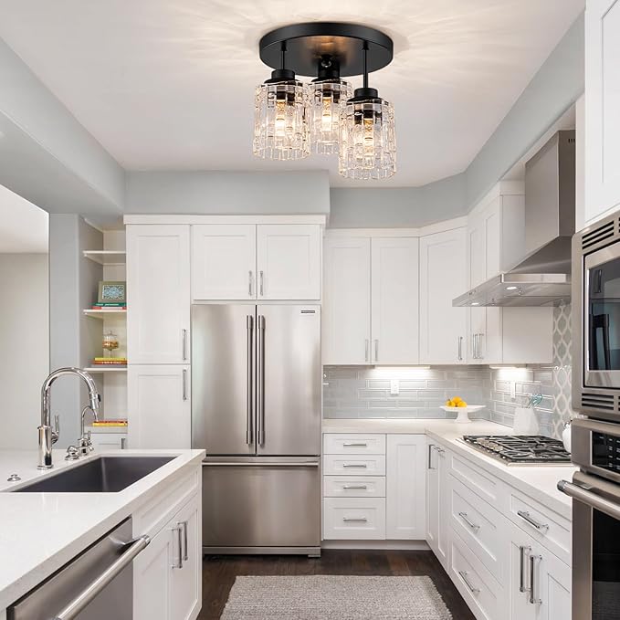 3-Lights Semi Flush Mount Ceiling Light Fixture,Matte Black Kitchen Ceiling Light with Glass Shades,Hallway Light Fixtures Ceiling Mount for Foyer Entryway Bathroom