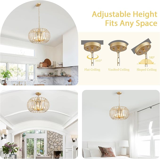Gold Dining Room Crystal Chandeliers 4-Light Metal Cage Pendant Ceiling Lighting Fixture, Modern Farmhouse Adjustable Hanging Lamps for Bedroom Kitchen Island Hallway