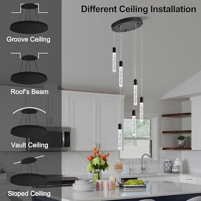6-Light Matte Black Integrated Crystal Pendant Chandelier,Dimmable LED Ceiling Light with Adjustable Height for Kitchen Island, Dining Room & Bedroom 3000K -6000K