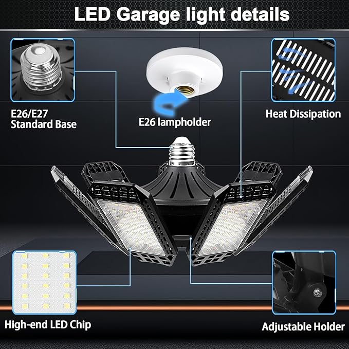 AUDLES 4 Pack LED Garage Light, 240W 24000LM 6500K LED Shop Lights, Garage Lights Ceiling Led with 7+1 Deformable Panels, E26/E27 Bulb Socket Lighting for Shop, High Bay, Attic, Basement, Warehouse