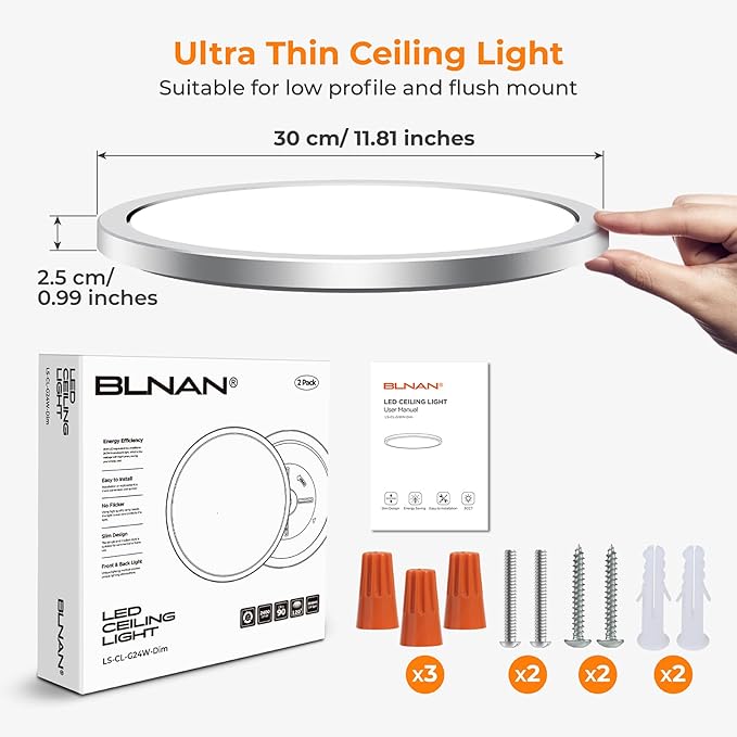 BLNAN LED Flush Mount Ceiling Light Fixture, Super Slim 12 Inch 24W LED Ceiling Light, 3000K/4000K/5000K Selectable Ceiling Lamp - Round Flat Ceiling Lights Flush Mount for Kitchen Bathroom Shower