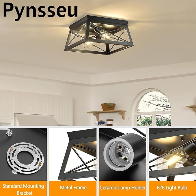 Pynsseu Industrial Ceiling Light, 2 Lights Farmhouse Semi Flush Mount Ceiling Fixture for Kitchen Island Dining Room Bedroom Foyer Hallway, 1 Pack, Black