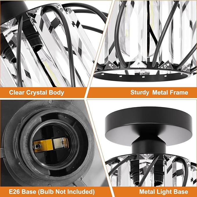 Black Crystal Ceiling Light Fixture - Crystal Chandelier Small Semi Flush Mount Ceiling Light Modern Lights Ceiling mount for Hallway Kitchen Entryway Bedroom Bathroom (2 Pack, 7.48 Inch)