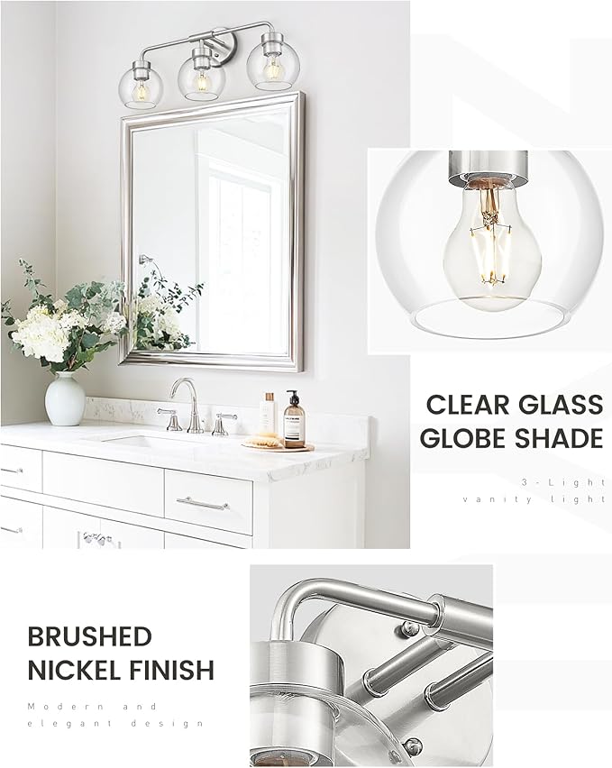 zeyu 23 Inch Bathroom Wall Light Fixtures, 3-Light Vanity Lighting Fixture, Brushed Nickel Finish with Clear Glass Globe Shade, ZS62BG-3W BN