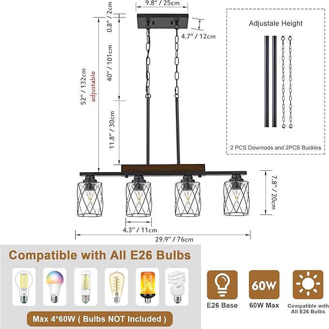 4-Light Dining Room Light Fixture/Chandelier Over Table, Island Lighting Hanging for Farmhouse Linear Chandeliers Matte Black Rustic Wood Ceiling Pendant Light Fixtures, with Clear Glass Shade