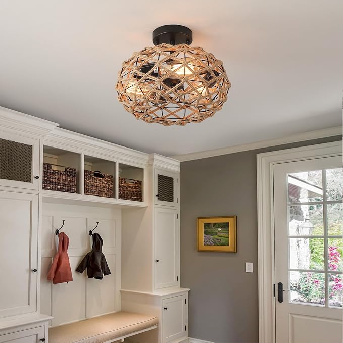 3-Light Coastal Woven Flush Mount Ceiling Light Fixture 13.38 inch Boho Rustic Handmade Hemp Rope Round Cage Semi Flush Mount Ceiling Light for Hallway Hall Entry Bedroom Farmhouse Beach, Black