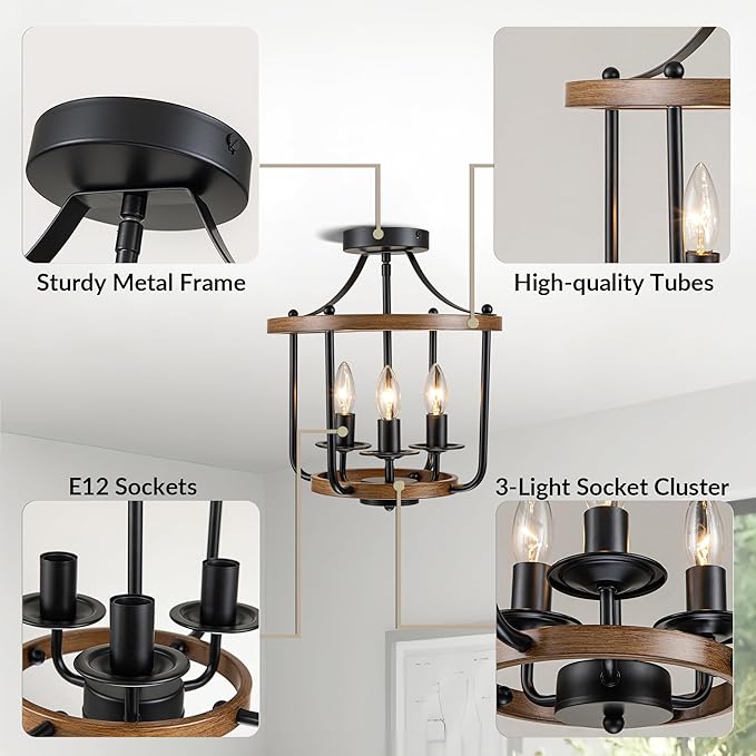 Farmhouse Semi Flush Mount Ceiling Light Fixtures, Industrial Rustic Ceiling Lamp Metal Cage Hallway Light Fixtures(3-Light Wood Finish)