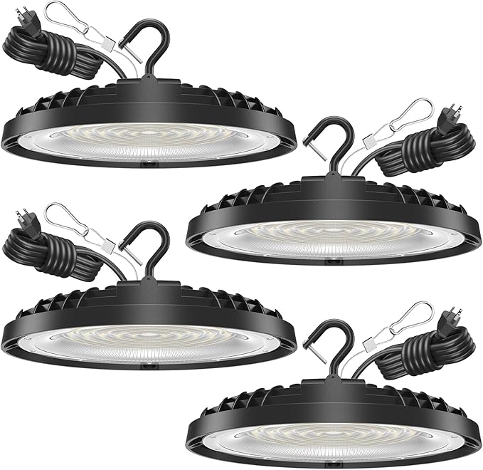 200W UFO LED High Bay Light, 28,000LM LED Shop Lights Fixture, 5000K, Replace 600W Halogen, 120VAC, Plug & Play Lighting for Warehouses, Workshops, Garages, and Barns – ETL Listed, 4 Pack