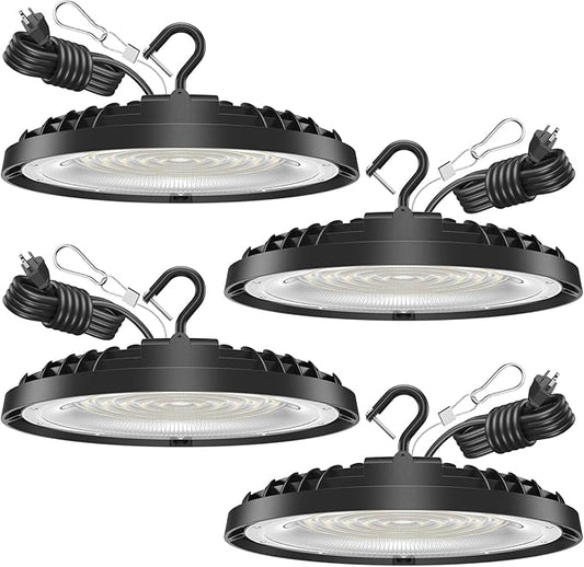 200W UFO LED High Bay Light, 28,000LM LED Shop Lights Fixture, 5000K, Replace 600W Halogen, 120VAC, Plug & Play Lighting for Warehouses, Workshops, Garages, and Barns – ETL Listed, 4 Pack