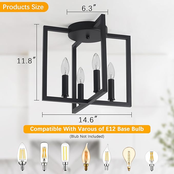 Semi Flush Mount Ceiling Light Fixture, 4-Light Black Ceiling Light Fixture, Modern Farmhouse Industrial Close to Ceiling Lights for Kitchen Living Room Bedroom Hallway Foyer