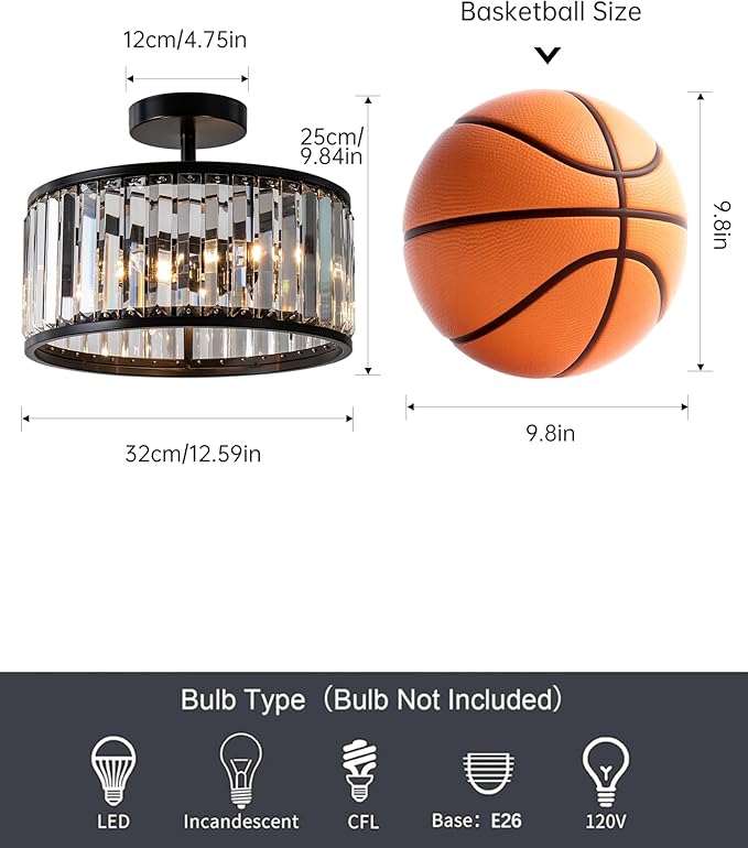 KSRYSZCQ Black Hallway Ceiling Light 3-Light Crystal Ceiling Light Modern Semi Flush Mount Light Fixture for Kitchen Bathroom Foyer