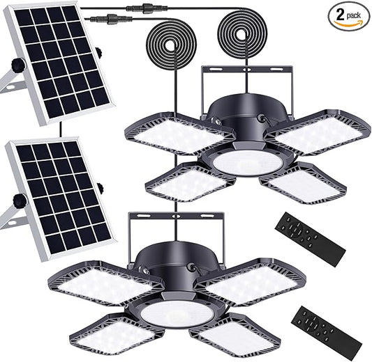 Auzev Solar Shed Light Indoor Outdoor Upgrade 176 LED 4 and 1 Heads Solar Powered Motion Sensor Pandent Daytime Work Lights with 4 Modes Remote Control Security lamp for Garage Gazebo Barn (2 Pack)