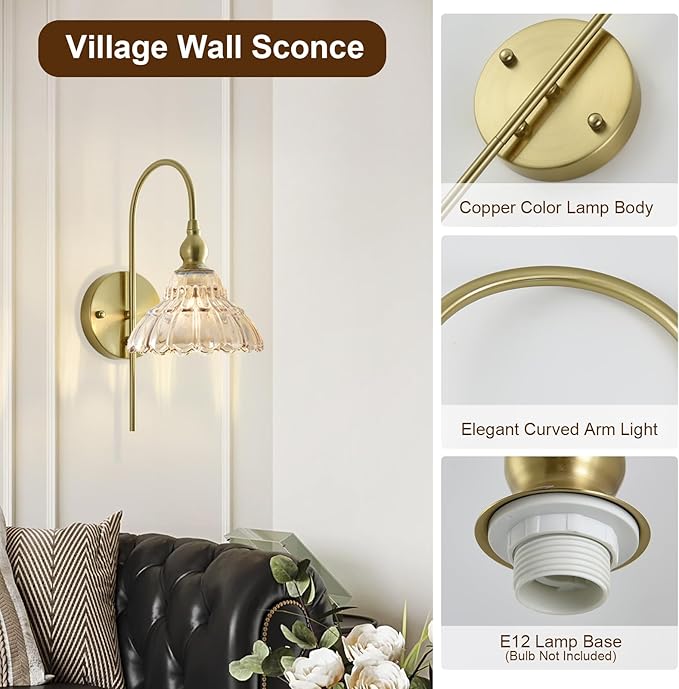 Vintage Wall Sconces with Amber Flower Glass Lampshade, Indoor Bath-Room Wall Sconce, Modern Gold Industrial Lighting Fixture for Mirror Living Room Hallway 1 Pack