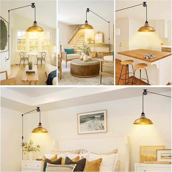 Plug in Pendant Light, Vintage Hanging Lamps with Gold Barn Shade Pendant Lighting with 14.76ft Cord On/Off Switch, Adjustable Pulley Hanging Lights for Kitchen, Bedroom, Living Room (1 Pack)