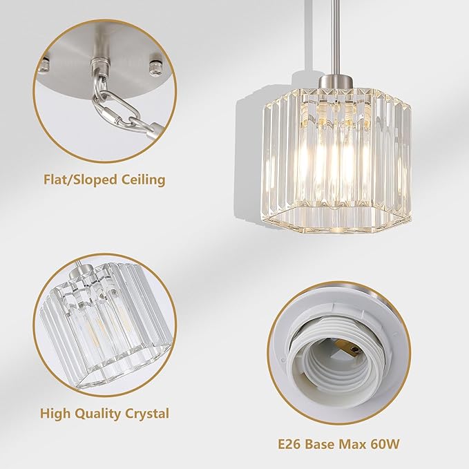 XSDeTu Brushed Nickel Pendant Light Fixtures, Modern Crystal Hanging Ceiling Light, 1-Light Mini Farmhouse Chandelier, Adjustable Hexagonal Island Lights for Kitchen, Dining Room, Bedroom, 2 Pcs