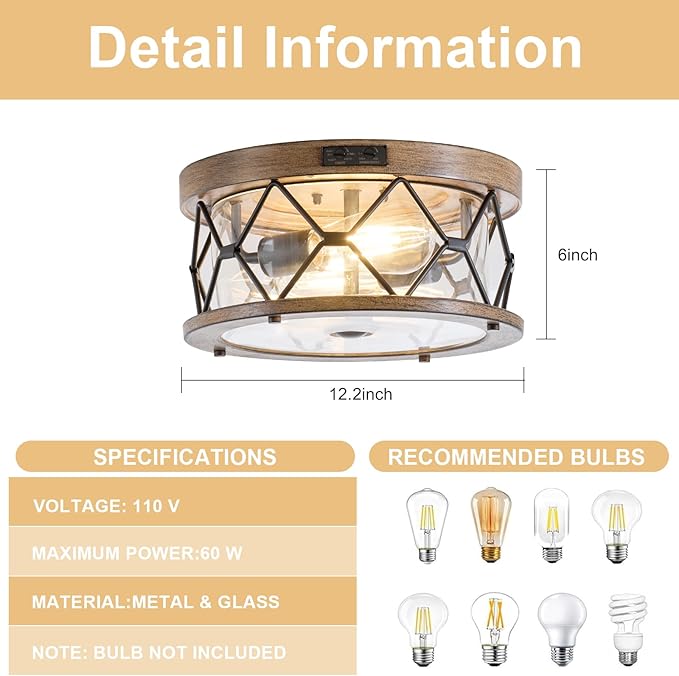 Motion Sensor Outdoor Flush Mount Ceiling Light, Industrial Glass Rustic Wood-Like Finish 2-Light Ceiling Lamp for Porch, Entryway, Garage, Timer and Sensitivity Adjustable (Wood-Like-Round)