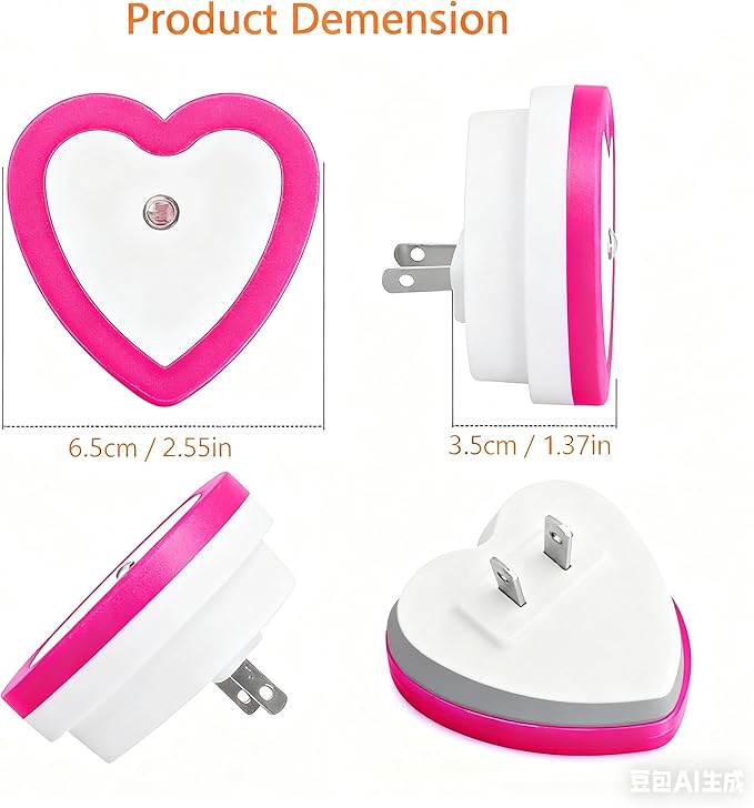 LED Night Lights Plug in(4-Pack), Dusk to Dawn Sensor Auto-On/Off, Cute Nightlight Heart Shaped 0.5W for Bedroom, Bathroom, Kids Room, Nursery, Hallway (Pink)