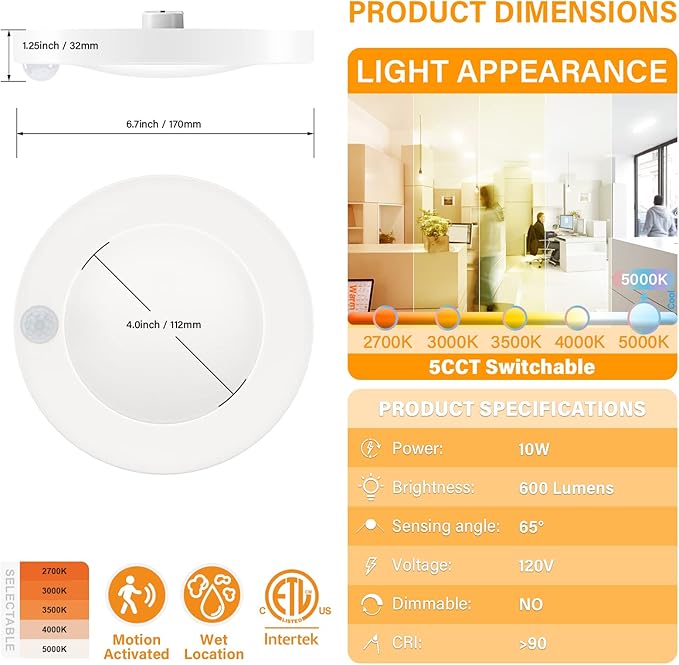4 Inch Field Selectable 5CCT LED Motion Sensor Ceiling Light, 120V Wired Closet Light, 10 Watts, 600Lm, CRI80+, Non-dimmable, ETL Certified, Wet Location, Round/White, 4 Packs …