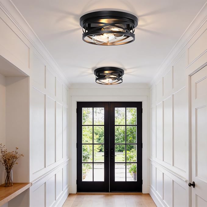 COTULIN Farmhouse Black Flush Mount Ceiling Lights 2 Pack, Industrial Metal Cage Hallway Round Light fixtures with Rustic Light fixtures for Living Room Bedroom, Hallway, Kitchen (2-Light)