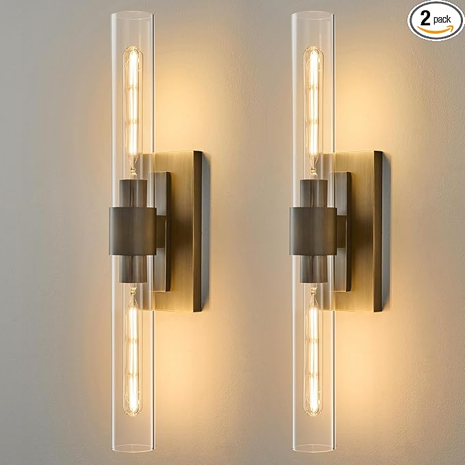 Linear Brass Bathroom Wall Sconce - Luxury Antique Brushed Gold Sconces Set of 2 - Dimmable Vanity Lights Fixture with Clear Glass Tube - Modern Lighting for Bedroom Living Room Hallway Indoor Decor