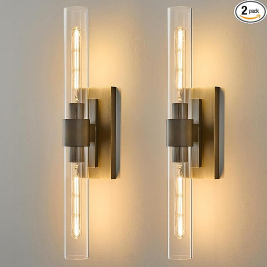 Linear Brass Bathroom Wall Sconce - Luxury Antique Brushed Gold Sconces Set of 2 - Dimmable Vanity Lights Fixture with Clear Glass Tube - Modern Lighting for Bedroom Living Room Hallway Indoor Decor