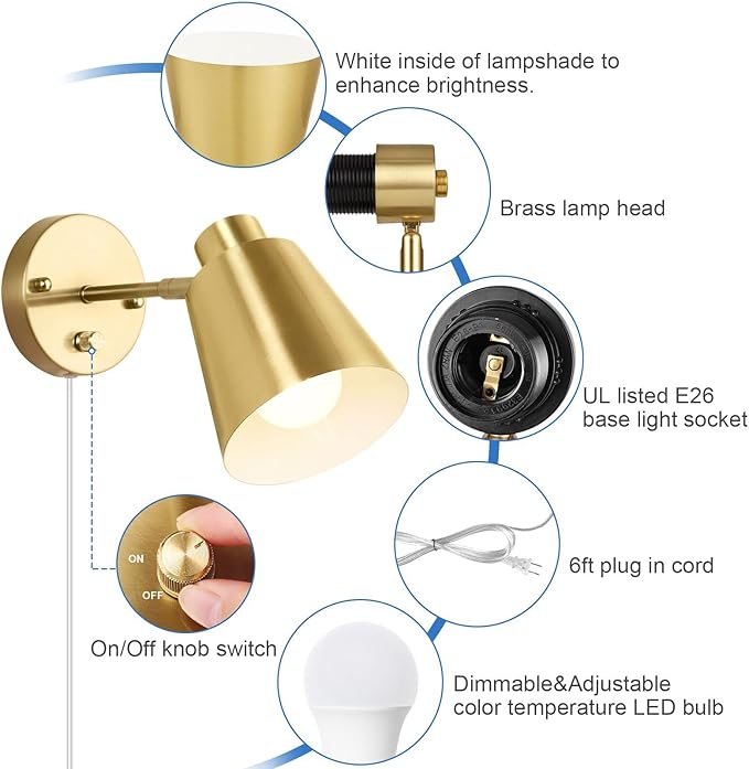 VATONI Plug in Wall Sconces with Remote Control, Adjustable Color Temperature 2700K-6000K and Dimmable Wall Sconces Gold Wall Lights with Plug in Cord for Bedroom Bedside Stairway(2 Pack, 2 Bulbs)