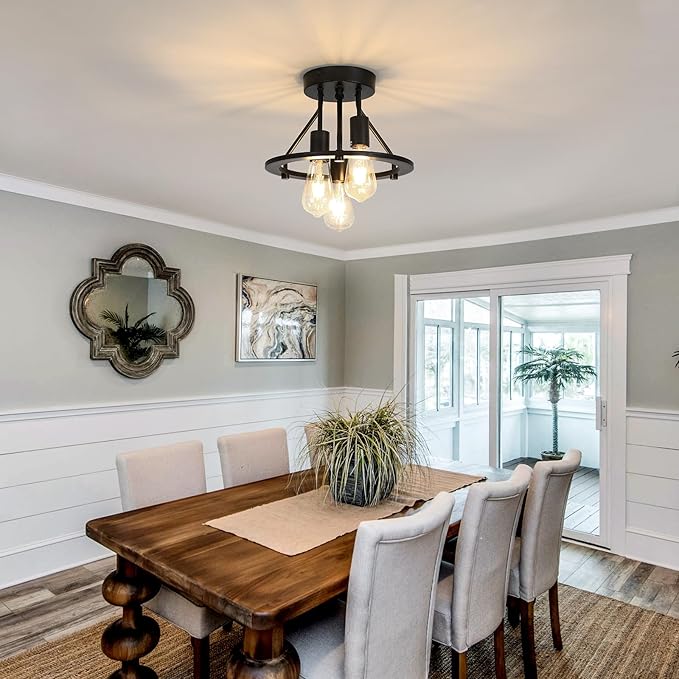 Semi Flush Mount Ceiling Light Fixture 3-Light Matte Black Ceiling Light E26 Edison Farmhouse Industrial Small Chandelier for Entryway Hallway Bedroom Kitchen Foyer Passway Balcony