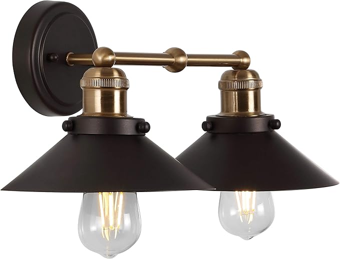 JONATHAN Y 17.5" Oil Rubbed Bronze/Brass Gold 2-Light Industrial Farmhouse Metal Vanity Light Wall Sconce, Metal Shade for Bathroom Mirror, Kitchen, Entryway, LED Bulb Included (JYL7427C)