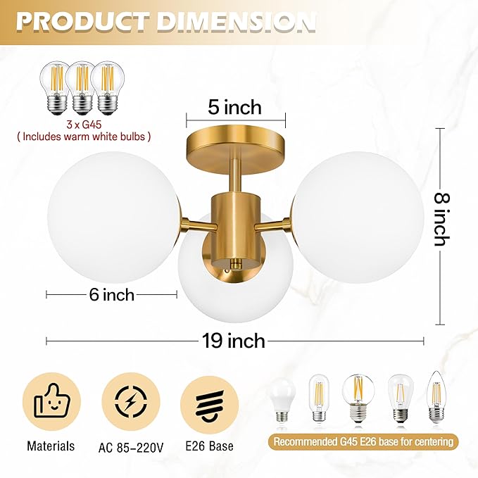 Mid Century Modern 19 Inch Brass Semi Flush Mount Ceiling Lights 3-Light Frosted Globe Glass Gold Chandelier Modern Light Fixtures Ceiling Lights Fixture for Bedroom Hallway Entryway
