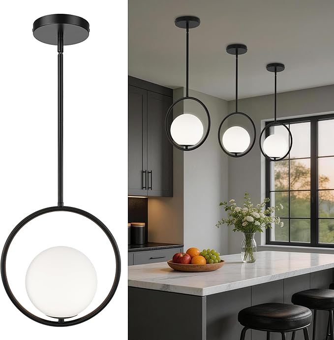 AUTELO 1-Light Pendant Lights Kitchen Island, Matte Black Glass Pendant Lights with Milky White Globe Hanging Lamp, Adjustable Rods for Kitchen Bar Dining Room, H9380 MGBK