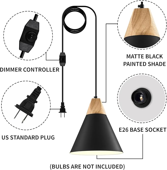 Black Plug in Pendant Light 11.8ines, 14.7ft, 2 Packs -Farmhouse Pendant Light, Industrial Kitchen Pendant Lights, Hanging Pendant with Plug in Cord for Kitchen Island, Office, Desk, Bedroom
