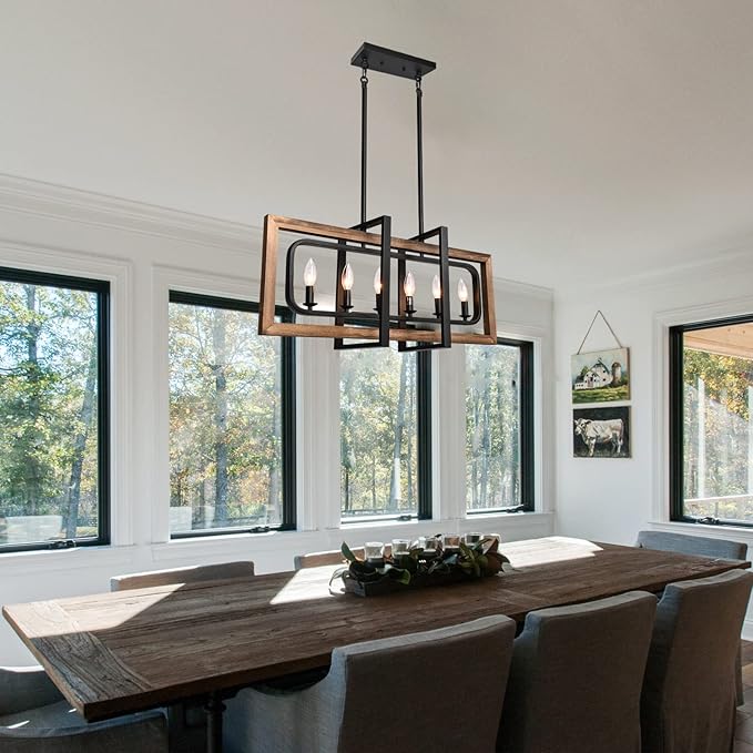 Farmhouse Chandelier Rustic Kitchen Island Light Fixture, Industrial Pendant Lighting Fixtures Wood and Metal for Dining Room Pool Table
