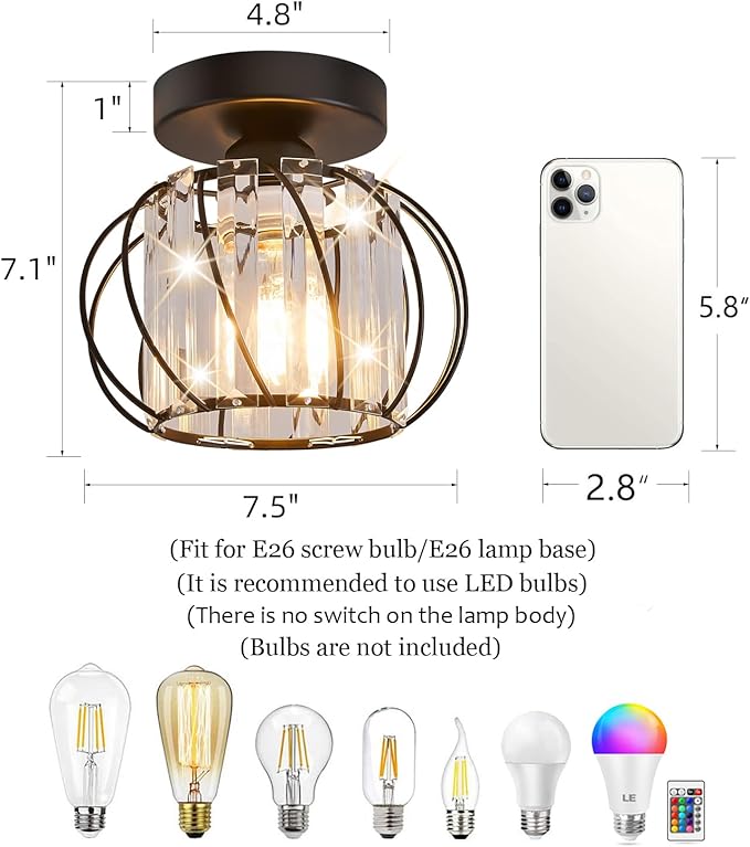 Semi Flush Mount Crystal Ceiling Light, Metal Cage Hallway Ceiling Lamps, Farmhouse Ceiling Light Fixture, Industrial Crystal Chandelier for Corridor Bathroom Kitchen (1, Black, 7.5 Inch)