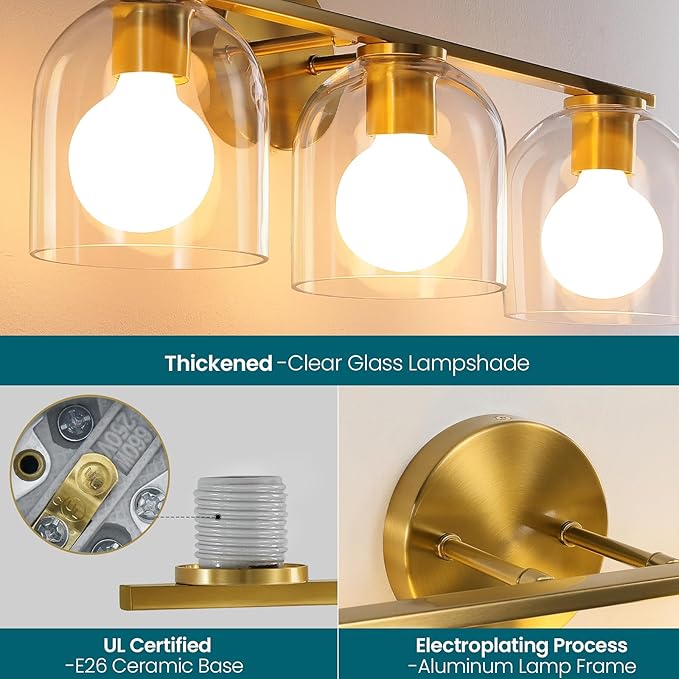 WOSHITU Bathroom Vanity Light Fixtures: 23.3 Inch Modern Brushed Gold Bathroom Light Fixtures Over Mirror with Clear Glass Shade, 3-Light Bathroom Lights Above Mirror