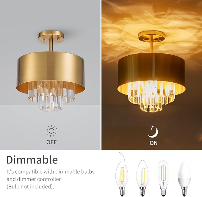 3-Light Luxury K9 Crystal Ceiling Light for Living Room, Foyer, Bedroom, Close to Ceiling Semi-Flushmount Light Fixture, Brass Finish Metal Lampshade & Clear Crystal Pendant